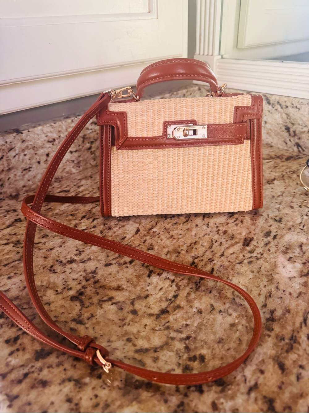 Brown Leather-Trim Straw Crossbody Bag - Women